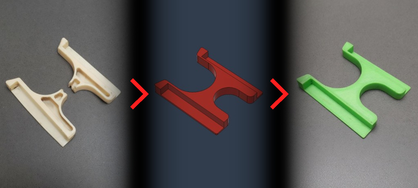 Reverse-engineered door lock — broken original, CAD model, and 3D-printed replacement