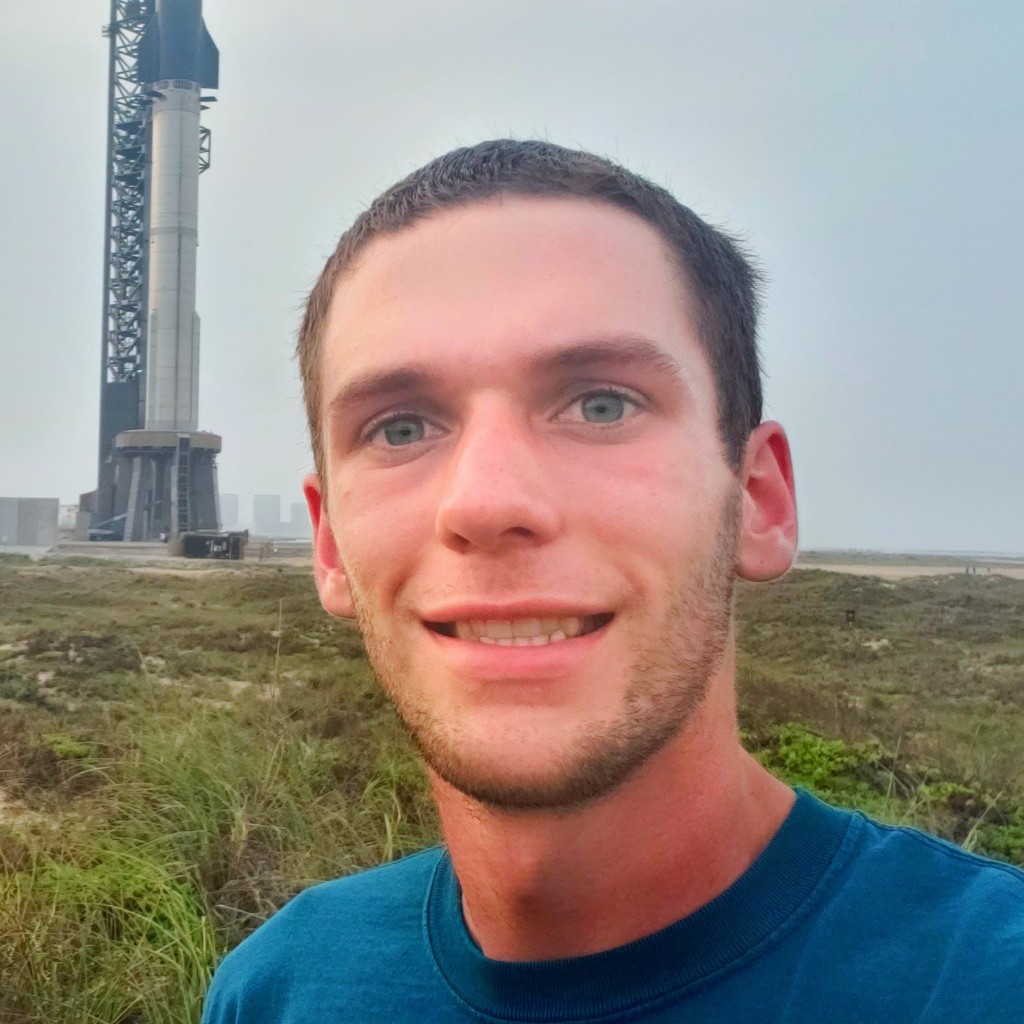 Taylor Lynch at Starbase, Texas, with Starship and Super Heavy stacked on the pad before Flight 12